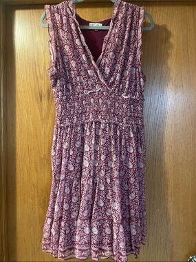 Max Studio Burgundy Floral Smocked V-Neck Mini Dress L23
